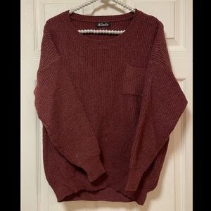 Alinfu Burgundy Knit Crewneck Sweater w/Pocket Women Size L Chunky Fisherman EUC